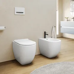 Coppia di sanitari filomuro in ceramica rimless e scarico ciclonico con copriwc softclose - Chloe