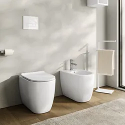 Coppia di sanitari filomuro in ceramica rimless con copriwc softclose - One