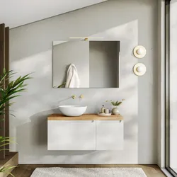 Mobile bagno sospeso 100 cm bianco opaco cannettato con top rovere gold e specchio - Konai