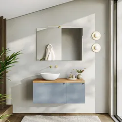 Mobile bagno sospeso 100 cm carta da zucchero cannettato con top rovere gold e specchio - Konai