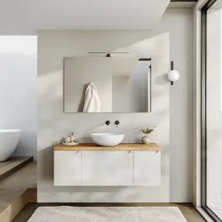 Mobile bagno sospeso 120 cm bianco opaco cannettato con top rovere gold e specchio - Konai