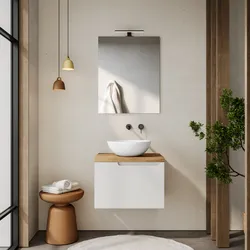 Mobile bagno sospeso 60 cm bianco opaco cannettato con top rovere gold e specchio - Konai