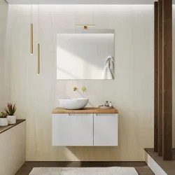 Mobile bagno sospeso 80 cm bianco opaco cannettato con top rovere gold e specchio - Konai