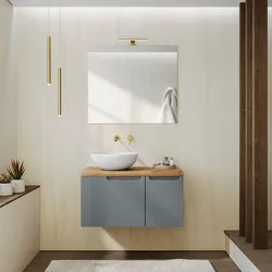 Mobile bagno sospeso 80 cm carta da zucchero cannettato con top rovere gold e specchio - Konai