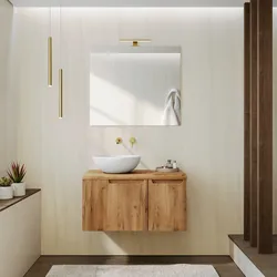 Mobile bagno sospeso 80 cm rovere gold cannettato e top con specchio - Konai