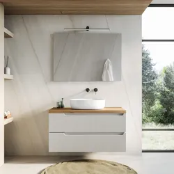 Mobile bagno sospeso 100 cm bianco opaco cannettato con top rovere gold e specchio - Konai plus