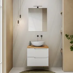 Mobile bagno sospeso 60 cm bianco opaco cannettato con top rovere gold e specchio - Konai plus
