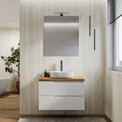 Mobile bagno sospeso 80 cm bianco opaco cannettato con top rovere gold e specchio - Konai plus