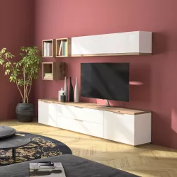 Parete attrezzata 240 cm rovere artisan e bianco lucido con 2 pensili e 3 cubi - Boras Living