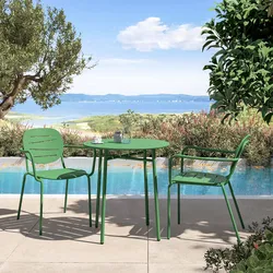 Set bistrot tavolo rotondo 70 cm e 2 sedie con braccioli in metallo verde reseda - Nafer