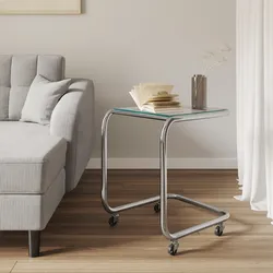 Tavolino 50x46 cm con top in vetro e struttura in metallo cromo con ruote - Brim