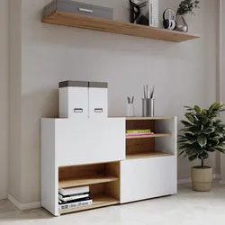 Mobile multiuso 140x85h top e ripiani rovere artisan e 2 ante scorrevoli bianco lucido - Neos