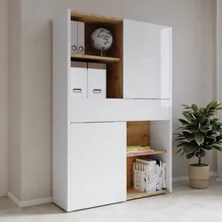 Libreria 120x182h cm top e ripiani rovere artisan con 1 cassetto e 2 ante scorrevoli bianco lucido - Neos