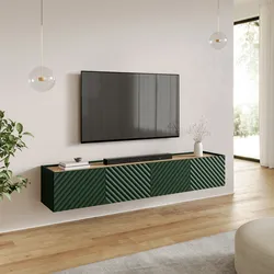 Mobile porta tv sospeso 200x35h cm top effetto rovere e verde cannettato obliquo con 4 ante - Emerald