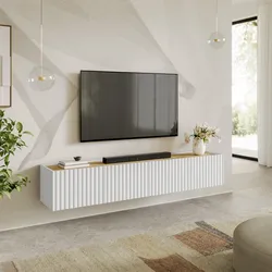 Mobile porta tv sospeso 200x35h cm top effetto rovere con 4 ante bianco cannettato ad onda - Isolde