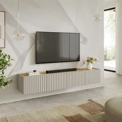 Mobile porta tv sospeso 200x35h cm top effetto rovere con 4 ante cashmere cannettato ad onda - Isolde
