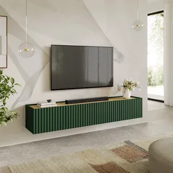 Mobile porta tv sospeso 200x35h cm top effetto rovere con 4 ante verde cannettato ad onda - Isolde