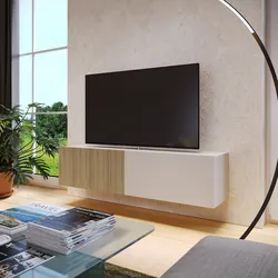 Mobile porta tv sospeso 135x32h cm cashmere e rovere albini cannettato con 2 ante - Zelma