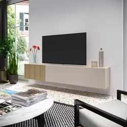 Mobile porta tv sospeso 180x32h cm cashmere e rovere albini cannettato con 3 ante - Zelma