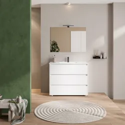 Mobile bagno a terra 100 cm con tre cassetti bianco lucido con lavabo e specchio - Libras