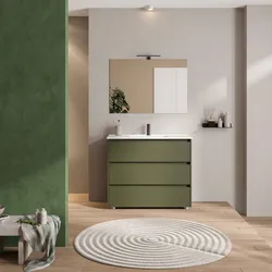 Mobile bagno a terra 100 cm con tre cassetti green satinato con lavabo e specchio - Libras