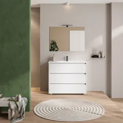 Mobile bagno a terra 100 cm con tre cassetti white satinato con lavabo e specchio - Libras