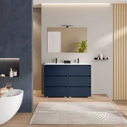 Mobile bagno a terra 120 cm con tre cassetti blu satinato con lavabo doppio e specchio - Libras