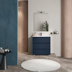Mobile bagno a terra 80 cm con tre cassetti blu satinato con lavabo e specchio - Libras