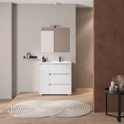 Mobile bagno a terra 85 cm con tre cassetti bianco lucido con lavabo dx e specchio - Libras