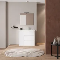 Mobile bagno a terra 85 cm con tre cassetti white satinato con lavabo dx e specchio - Libras