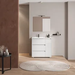 Mobile bagno a terra 85 cm con tre cassetti bianco lucido con lavabo sx e specchio - Libras