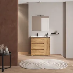 Mobile bagno a terra 85 cm con tre cassetti rovere africa con lavabo sx e specchio - Libras