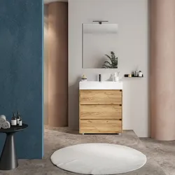 Mobile bagno a terra 80 cm con tre cassetti rovere africa con lavabo in resina e specchio - Libras