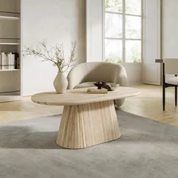 Tavolino 120x60 cm con top in pietra sinterizzata e base cannettata beige - Lenry