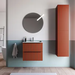 Mobile bagno sospeso 60 cm due cassetti terrarossa effetto cannettato e lavabo in ceramica con specchio - Lameck
