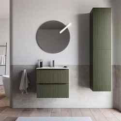 Mobile bagno sospeso 70 cm due cassetti verde selva effetto cannettato con lavabo e specchio - Lameck