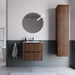 Mobile bagno sospeso 70 cm due cassetti noce maya effetto cannettato con lavabo e specchio - Lameck