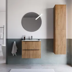 Mobile bagno sospeso 70 cm due cassetti rovere africa effetto cannettato con lavabo e specchio - Lameck