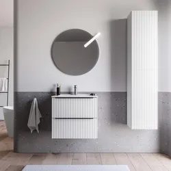 Mobile bagno sospeso 70 cm due cassetti bianco opaco effetto cannettato con lavabo e specchio - Lameck