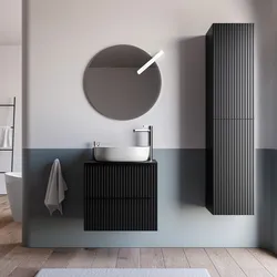 Mobile bagno sospeso 70 cm due cassetti nero opaco effetto cannettato con top e specchio - Lameck