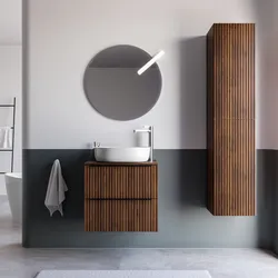 Mobile bagno sospeso 70 cm due cassetti noce maya effetto cannettato con top e specchio - Lameck