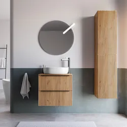 Mobile bagno sospeso 70 cm due cassetti effetto cannettato con top rovere gold e specchio - Lameck