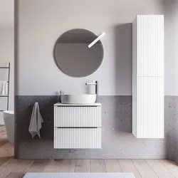 Mobile bagno sospeso 70 cm due cassetti bianco opaco effetto cannettato con top e specchio - Lameck