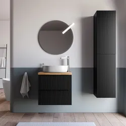 Mobile bagno sospeso 70 cm due cassetti nero opaco effetto cannettato con top rovere gold e specchio - Lameck