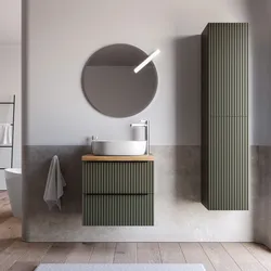 Mobile bagno sospeso 70 cm due cassetti verde selva effetto cannettato con top rovere gold e specchio - Lameck
