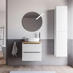 Mobile bagno sospeso 70 cm due cassetti bianco opaco effetto cannettato con top rovere gold e specchio - Lameck