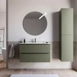 Mobile bagno sospeso 90 cm due cassetti verde selva effetto cannettato con lavabo in ceramica e specchio - Lameck