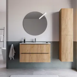 Mobile bagno sospeso 90 cm due cassetti rovere africa effetto cannettato con lavabo in ceramica e specchio - Lameck