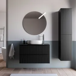 Mobile bagno sospeso 90 cm due cassetti nero opaco effetto cannettato con top e specchio - Lameck