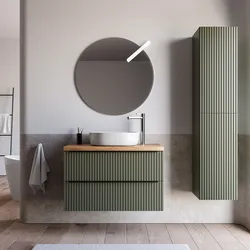 Mobile bagno sospeso 90 cm due cassetti verde selva effetto cannettato con top rovere gold e specchio - Lameck